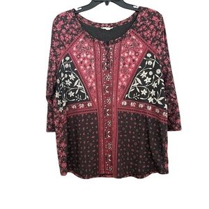 Floral Patterned Women's Top - Black,Red, Lucky Brand Sz 1X Pullover Blouse Top